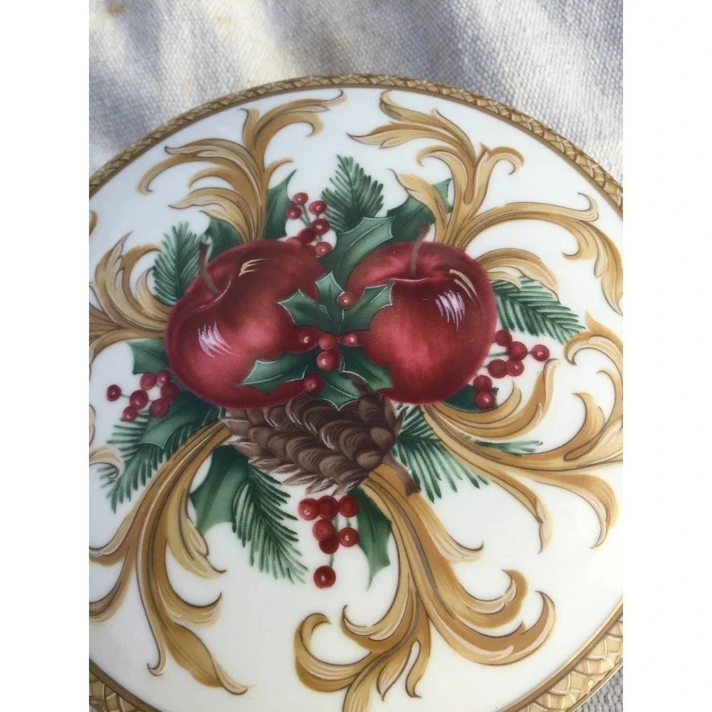 Vtg Mikasa trinket dish covered holiday‎ orchard Christmas pinecone apple gold